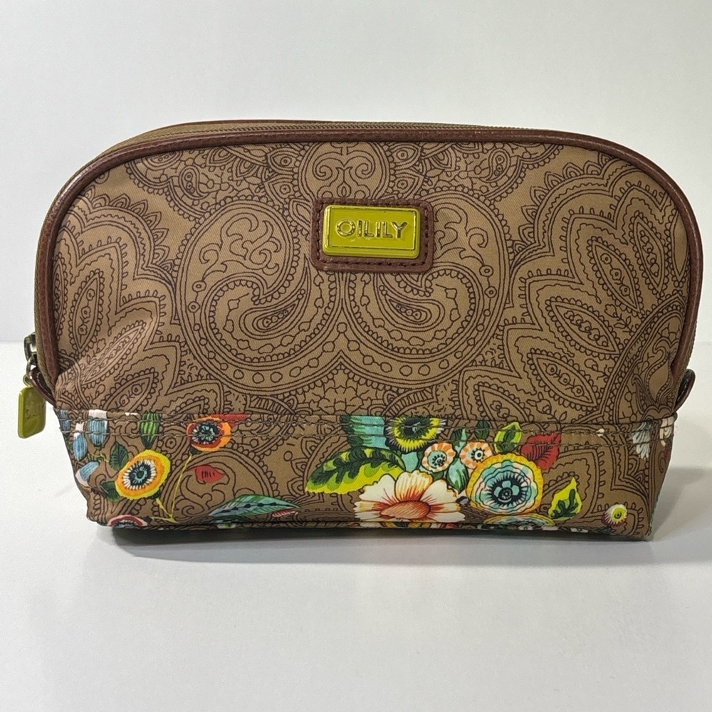 Oilily Brown Paisley Floral Cosmetic Bag Travel Makeup Pouch Zip Case